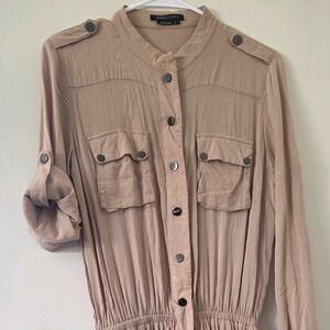 BCBGMAXAZRIA Tan Utility Romper Long Sleeve Button Front Elastic Waist Small